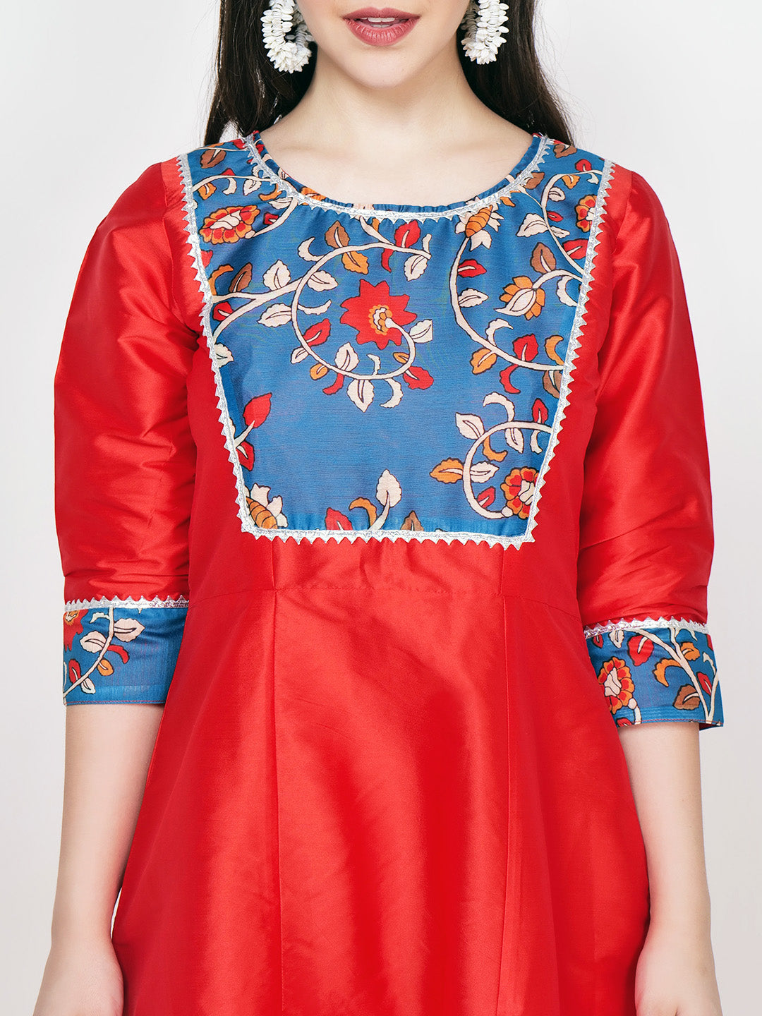 Frolic Rolic Red Printed Patch work Silk Blend Maxi Ethnic Dress