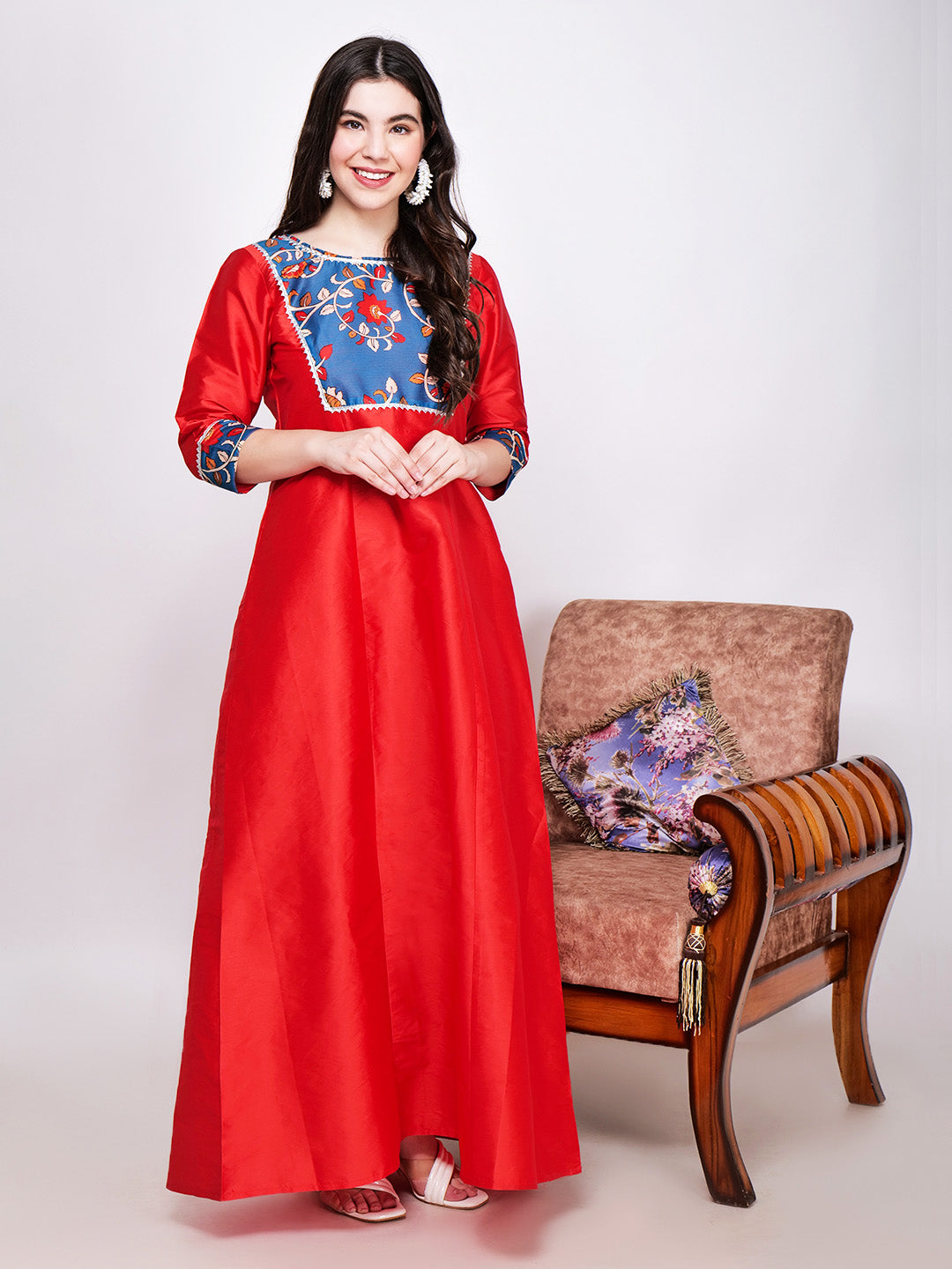 Frolic Rolic Red Printed Patch work Silk Blend Maxi Ethnic Dress