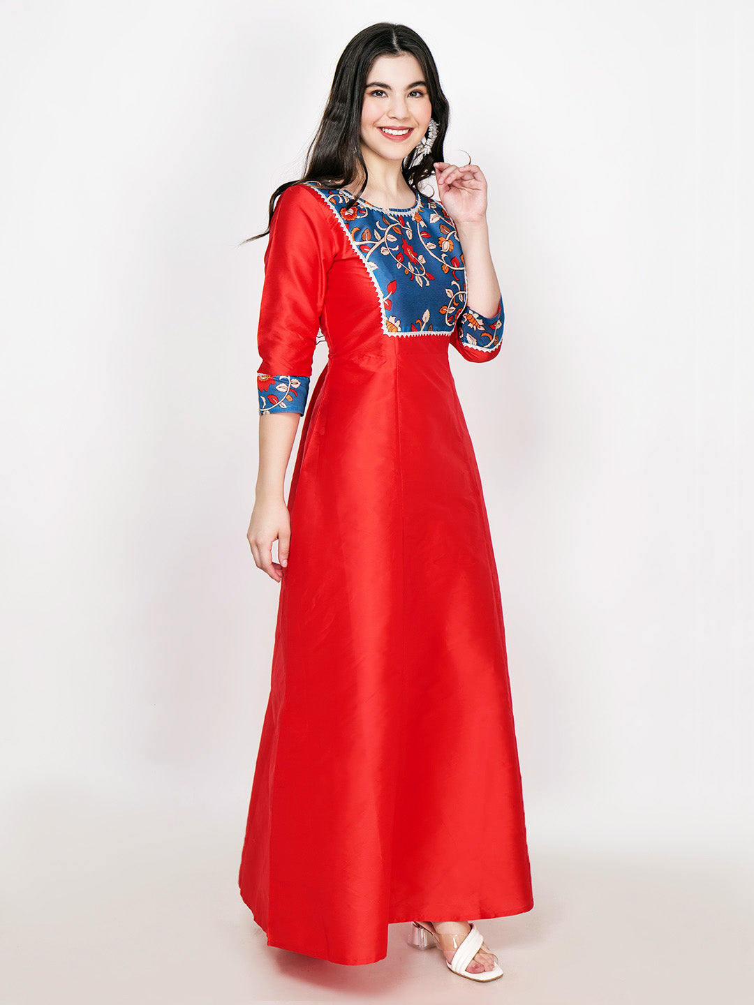 Frolic Rolic Red Printed Patch work Silk Blend Maxi Ethnic Dress