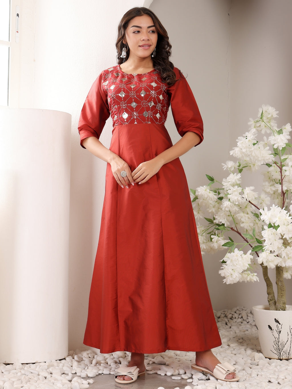 Frolic Rolic Maroon Embellished Silk Blend Maxi Dress