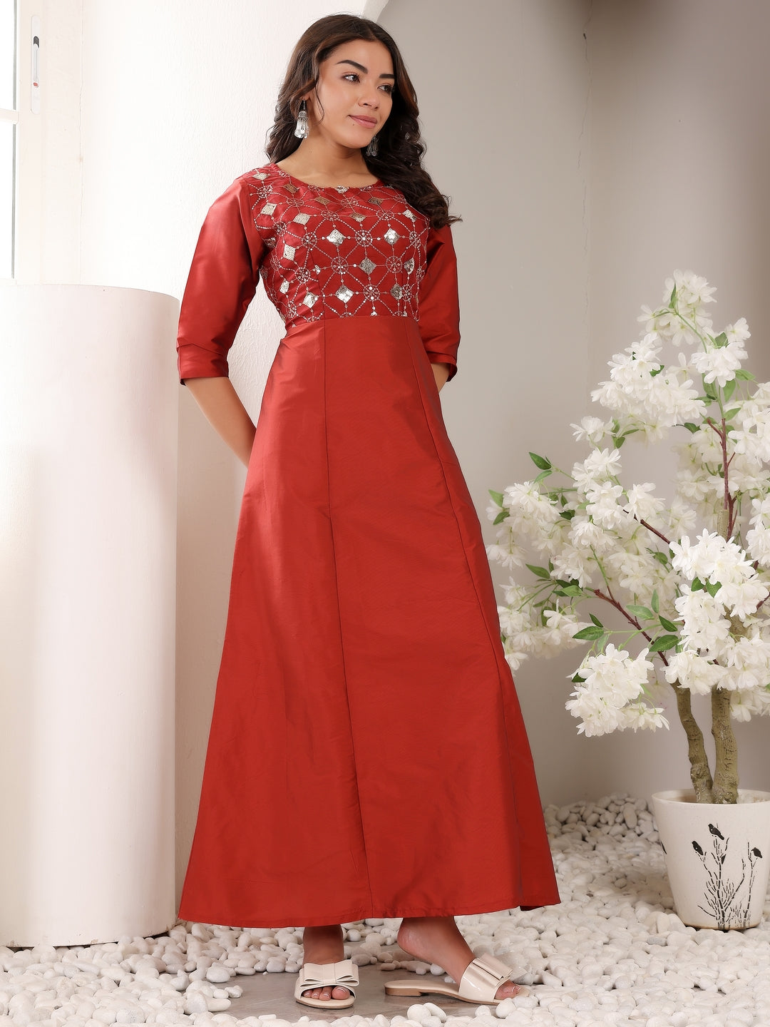 Frolic Rolic Maroon Embellished Silk Blend Maxi Dress