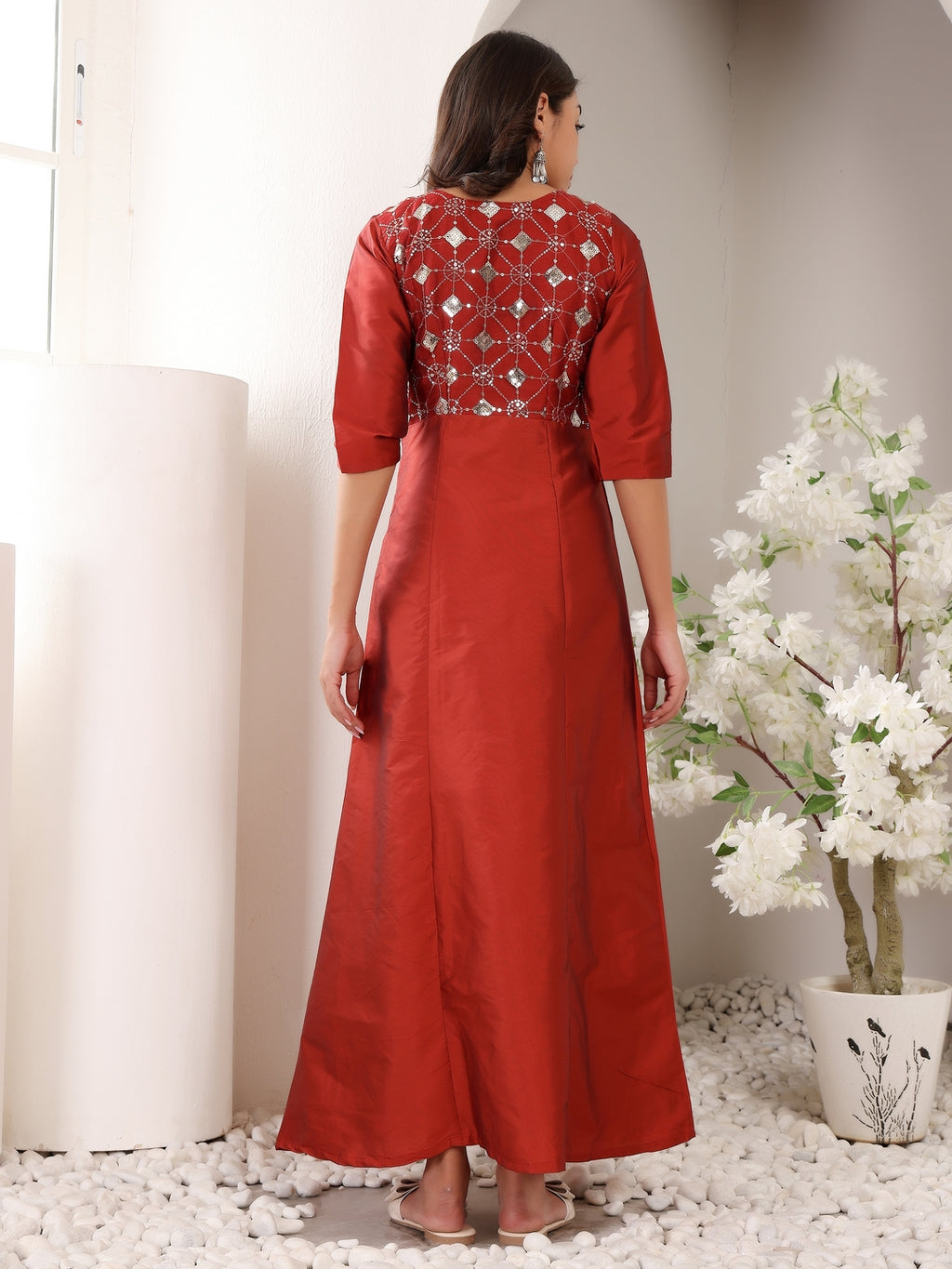 Frolic Rolic Maroon Embellished Silk Blend Maxi Dress