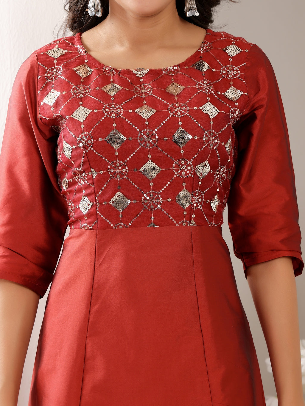 Frolic Rolic Maroon Embellished Silk Blend Maxi Dress