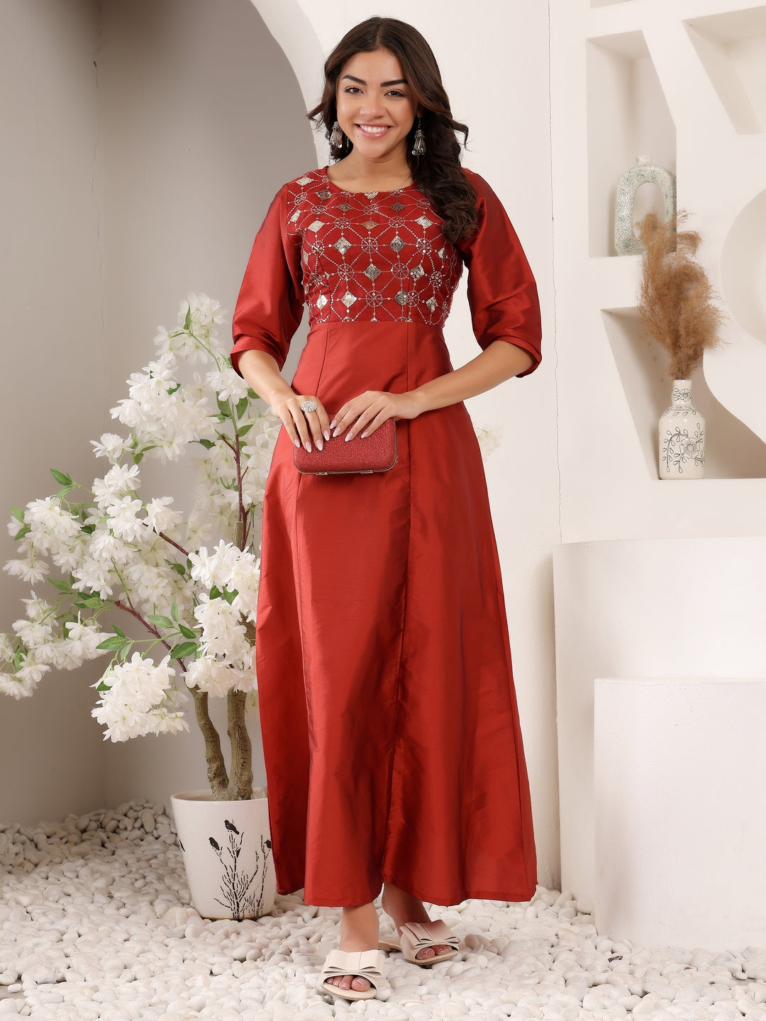 Frolic Rolic Maroon Embellished Silk Blend Maxi Dress