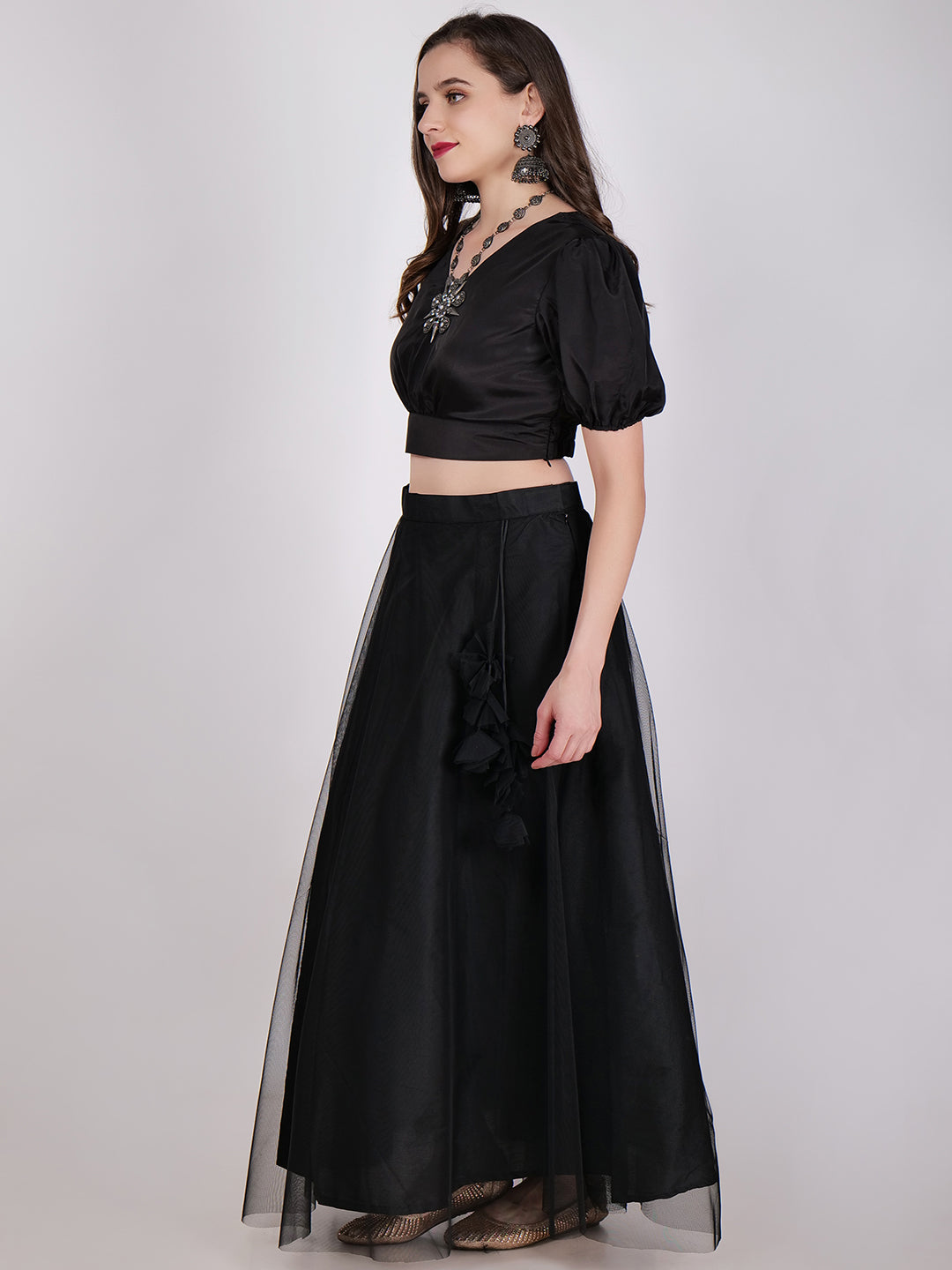 Frolic Rolic Black Net Lehenga & Satin Blouse Set With Dupatta