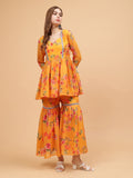Frolic Rolic Mustard Yellow Floral Print Georgette Angrakha Style Tunic & Sharara Set