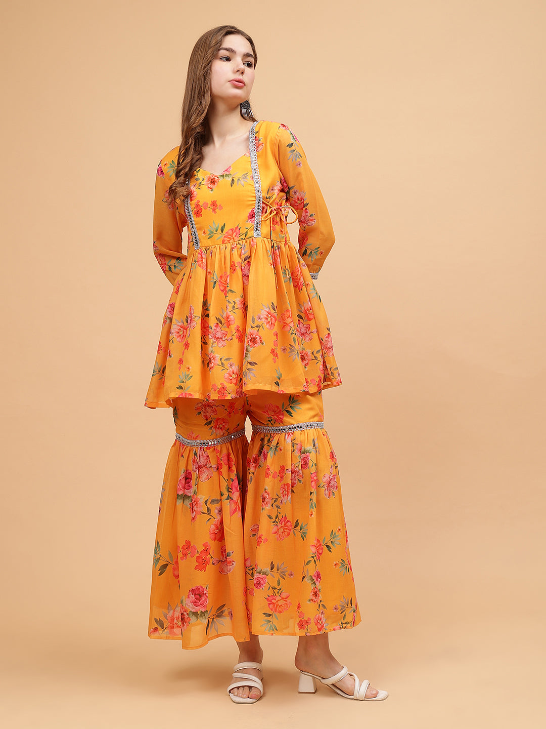 Frolic Rolic Mustard Yellow Floral Print Georgette Angrakha Style Tunic & Sharara Set