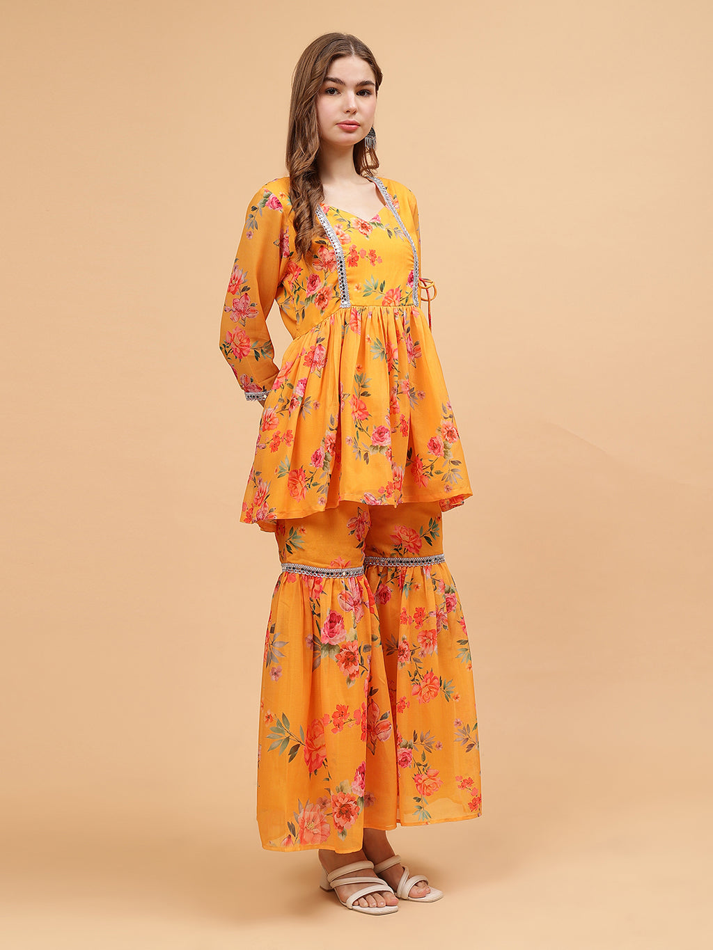 Frolic Rolic Mustard Yellow Floral Print Georgette Angrakha Style Tunic & Sharara Set