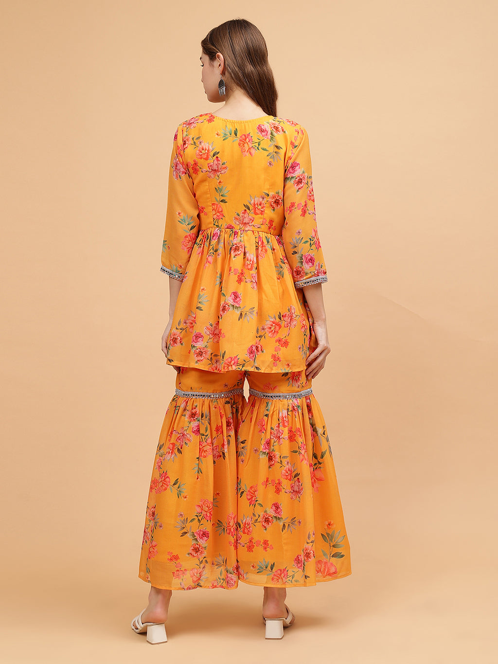 Frolic Rolic Mustard Yellow Floral Print Georgette Angrakha Style Tunic & Sharara Set