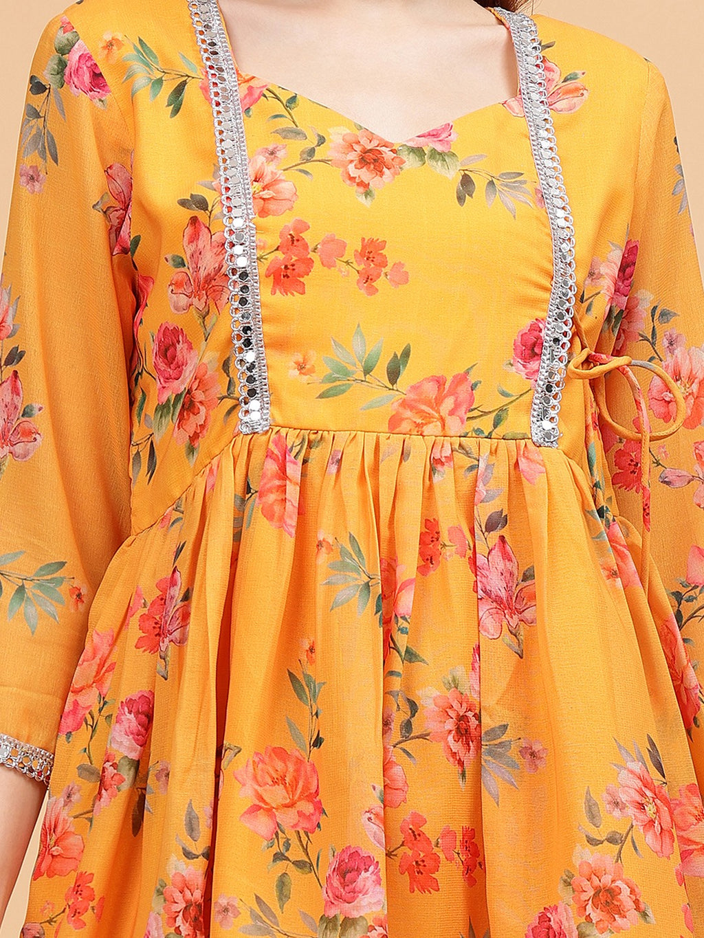 Frolic Rolic Mustard Yellow Floral Print Georgette Angrakha Style Tunic & Sharara Set