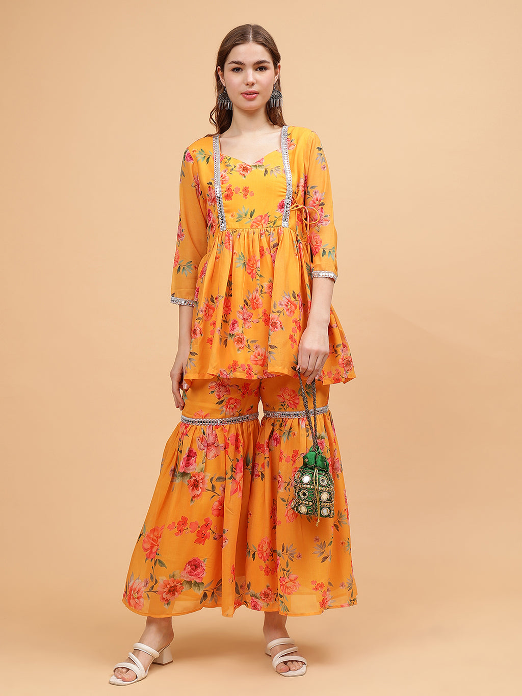 Frolic Rolic Mustard Yellow Floral Print Georgette Angrakha Style Tunic & Sharara Set