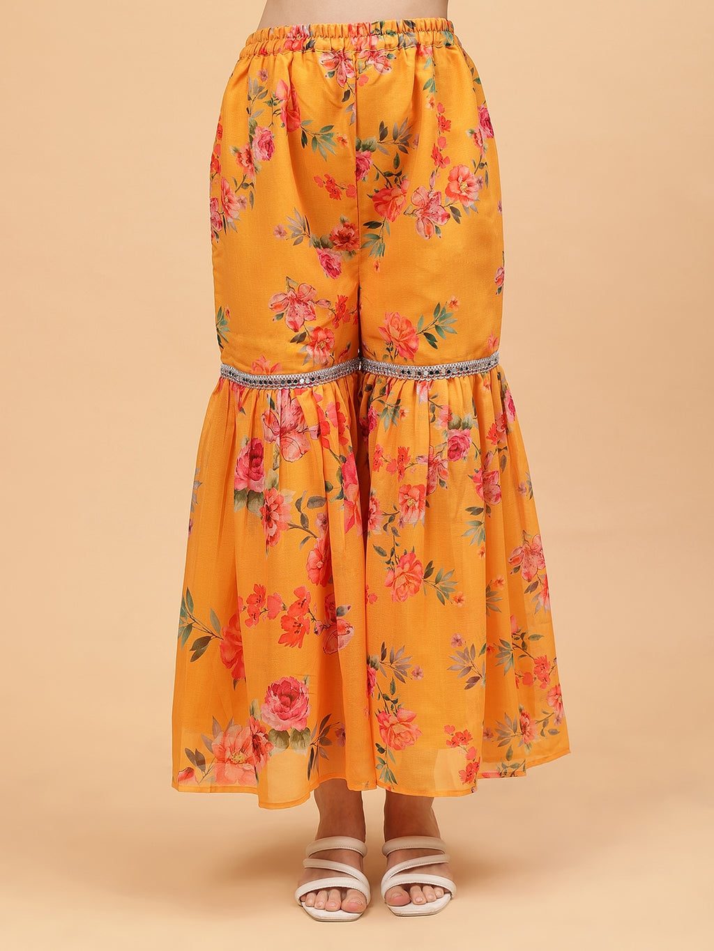 Frolic Rolic Mustard Yellow Floral Print Georgette Angrakha Style Tunic & Sharara Set