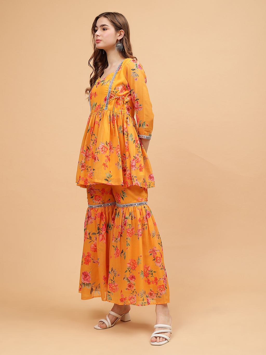 Frolic Rolic Mustard Yellow Floral Print Georgette Angrakha Style Tunic & Sharara Set