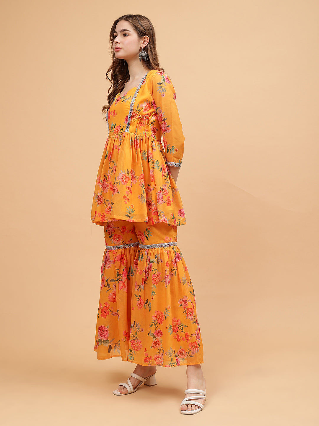 Frolic Rolic Mustard Yellow Floral Print Georgette Angrakha Style Tunic & Sharara Set