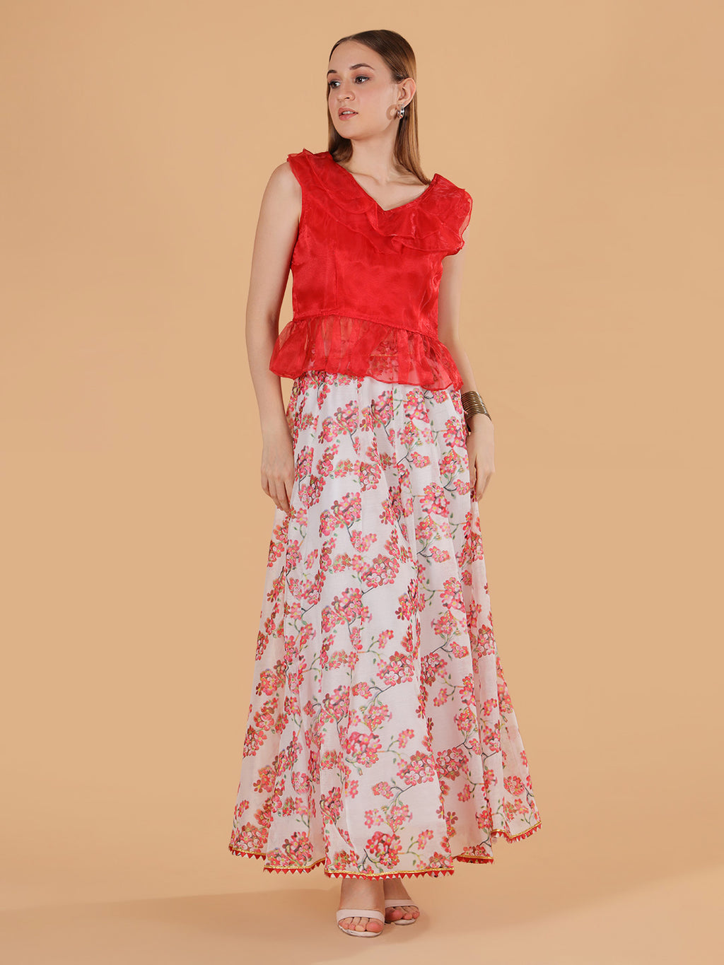 Frolic Rolic Red Organza Frilled Top & Floral Print Silk Blend Skirt Co-Ords Set