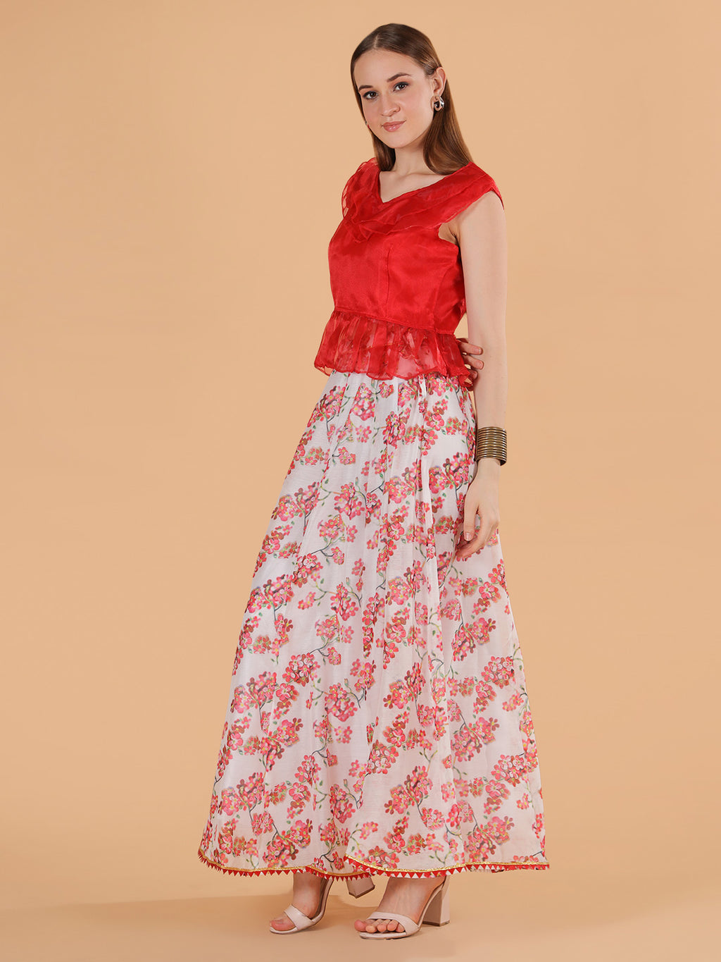Frolic Rolic Red Organza Frilled Top & Floral Print Silk Blend Skirt Co-Ords Set