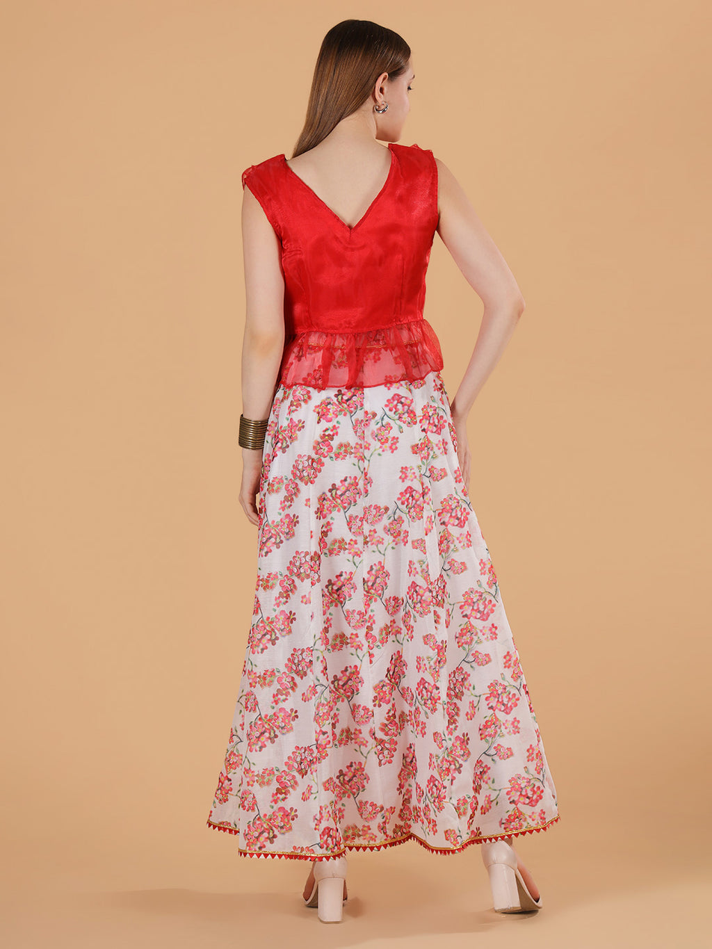 Frolic Rolic Red Organza Frilled Top & Floral Print Silk Blend Skirt Co-Ords Set