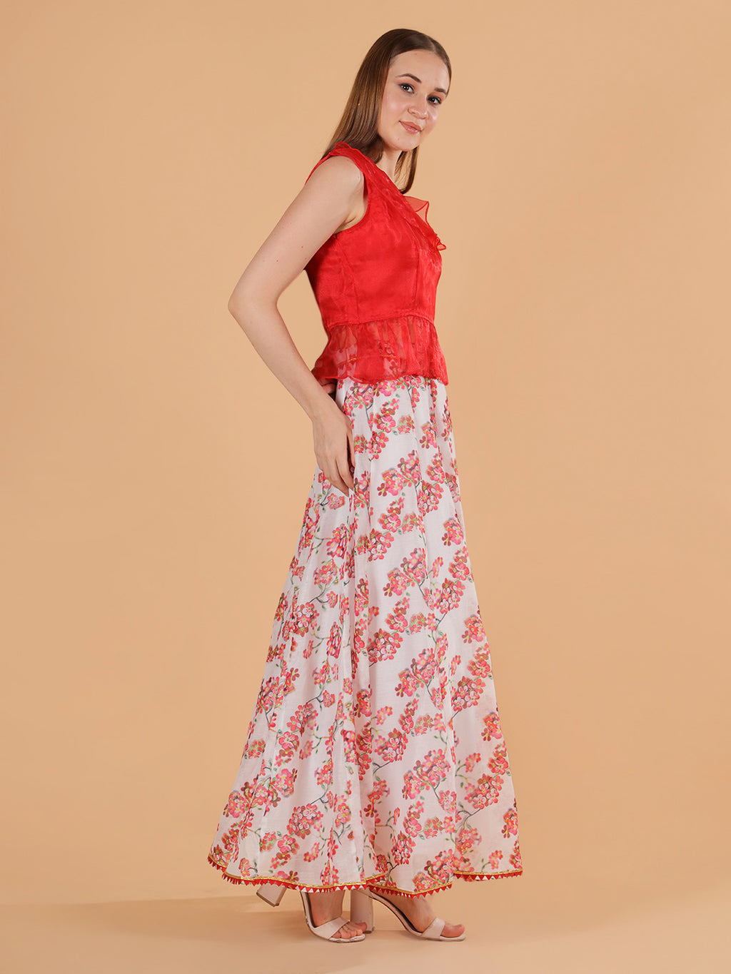 Frolic Rolic Red Organza Frilled Top & Floral Print Silk Blend Skirt Co-Ords Set