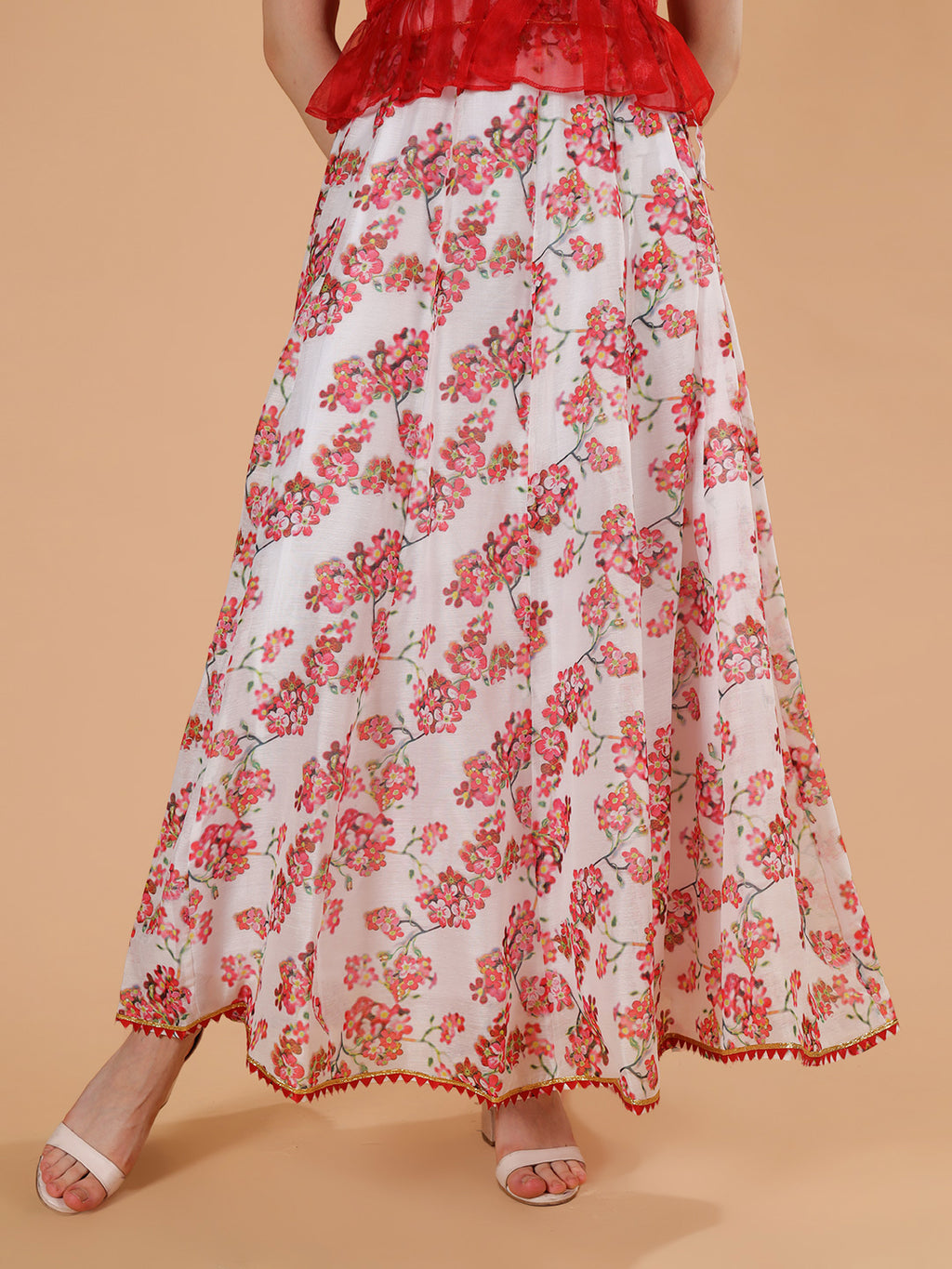 Frolic Rolic Red Organza Frilled Top & Floral Print Silk Blend Skirt Co-Ords Set