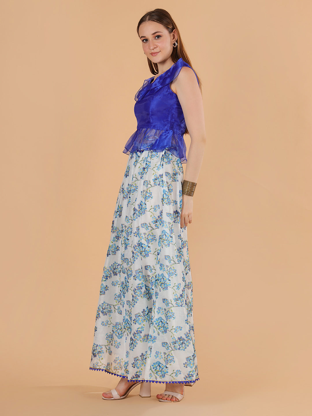 Frolic Rolic Blue Organza Frilled Top & Floral Print Silk Blend Skirt Co-Ords Set