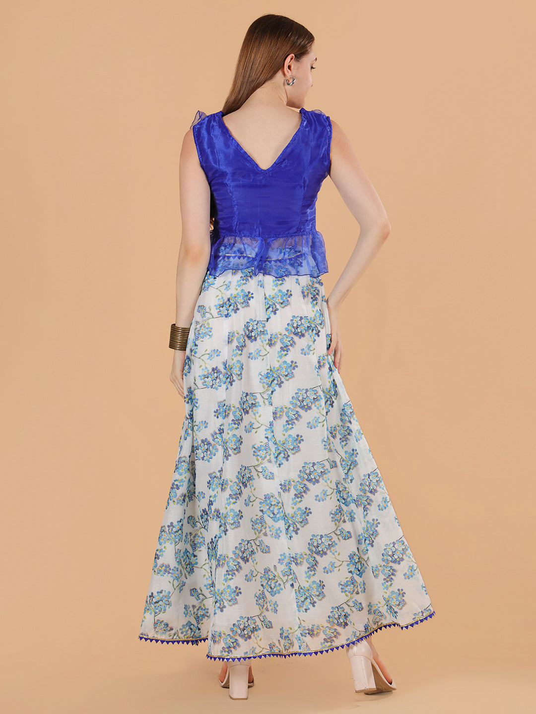 Frolic Rolic Blue Organza Frilled Top & Floral Print Silk Blend Skirt Co-Ords Set