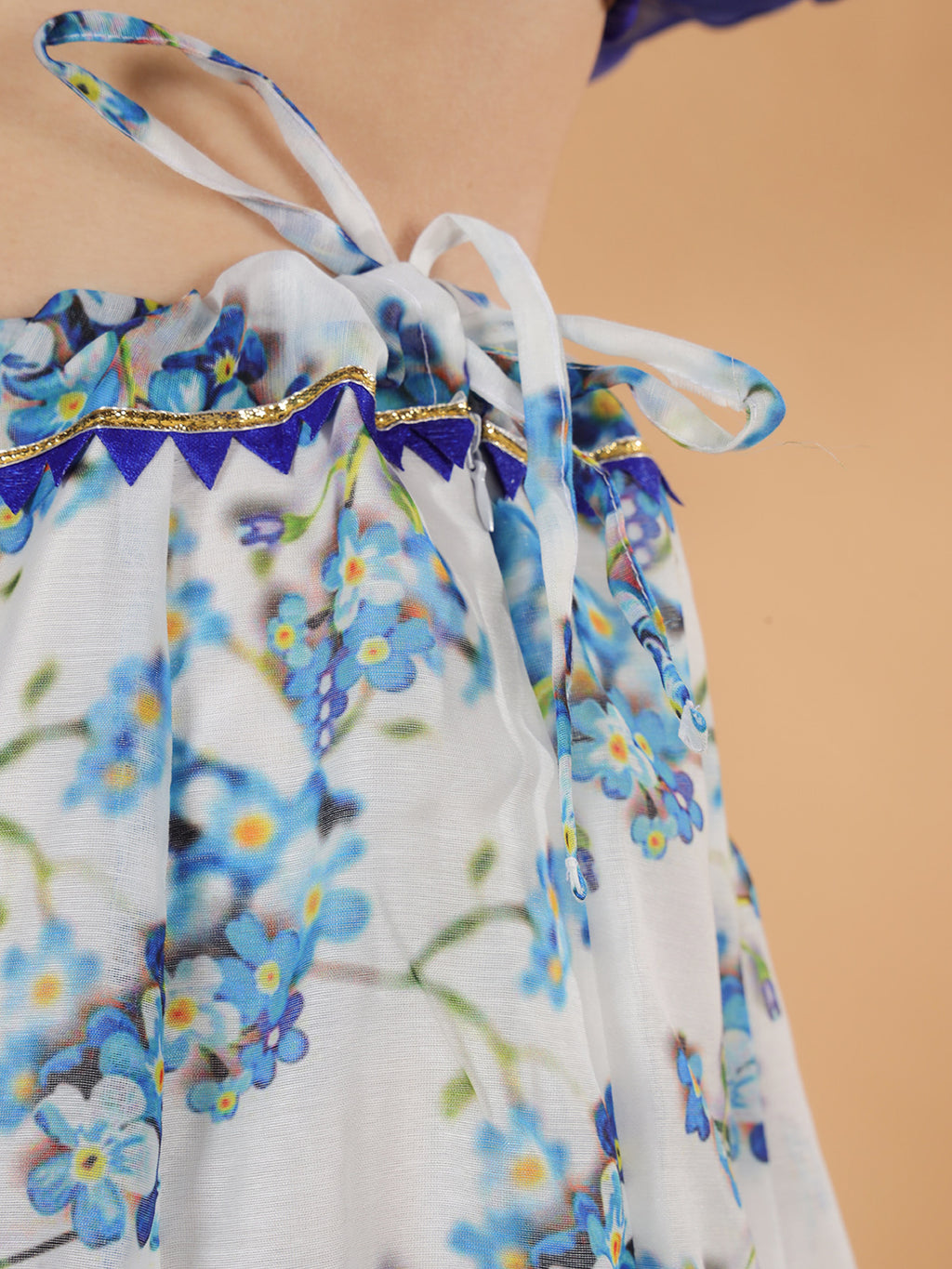 Frolic Rolic Blue Organza Frilled Top & Floral Print Silk Blend Skirt Co-Ords Set