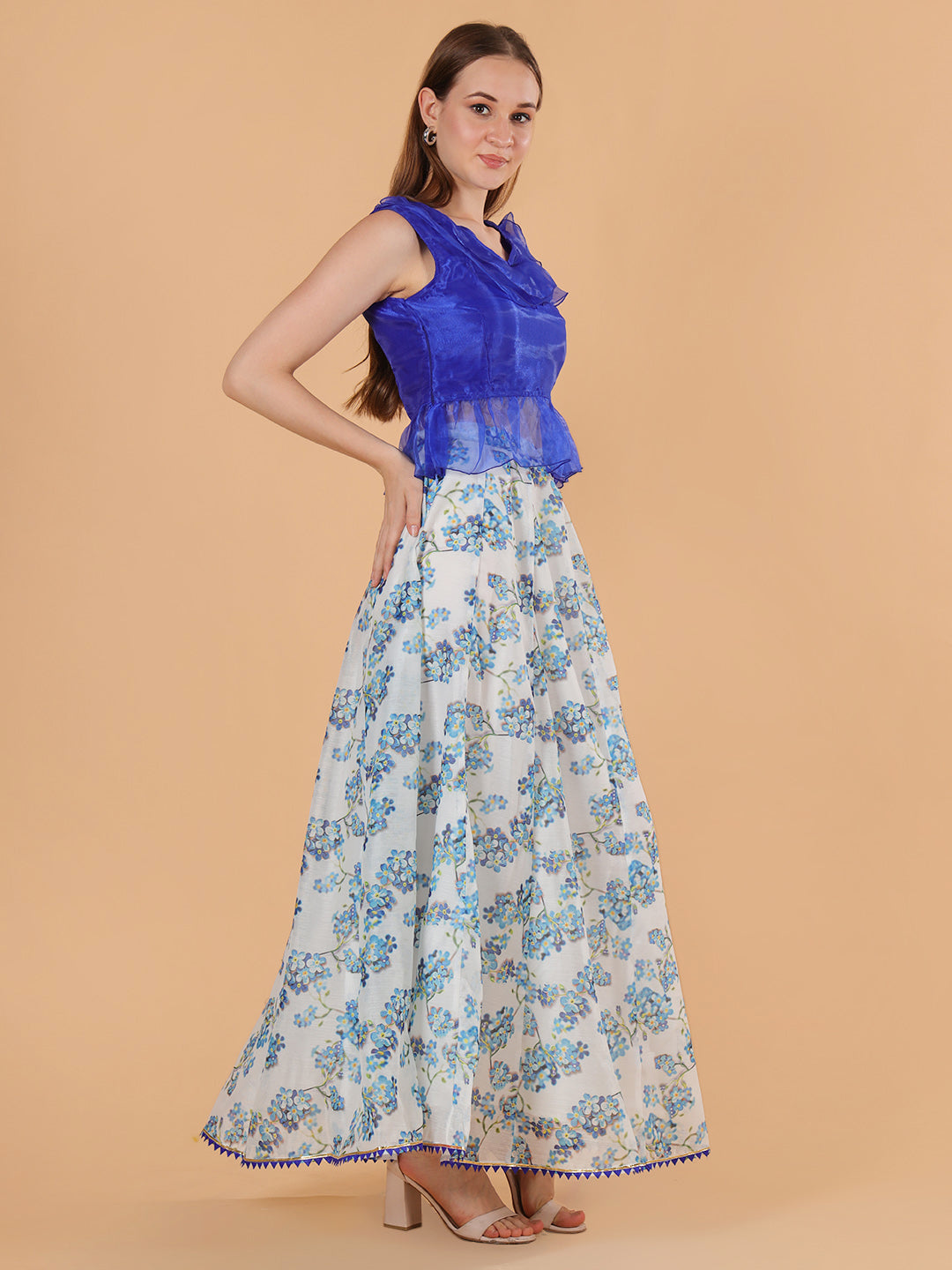 Frolic Rolic Blue Organza Frilled Top & Floral Print Silk Blend Skirt Co-Ords Set