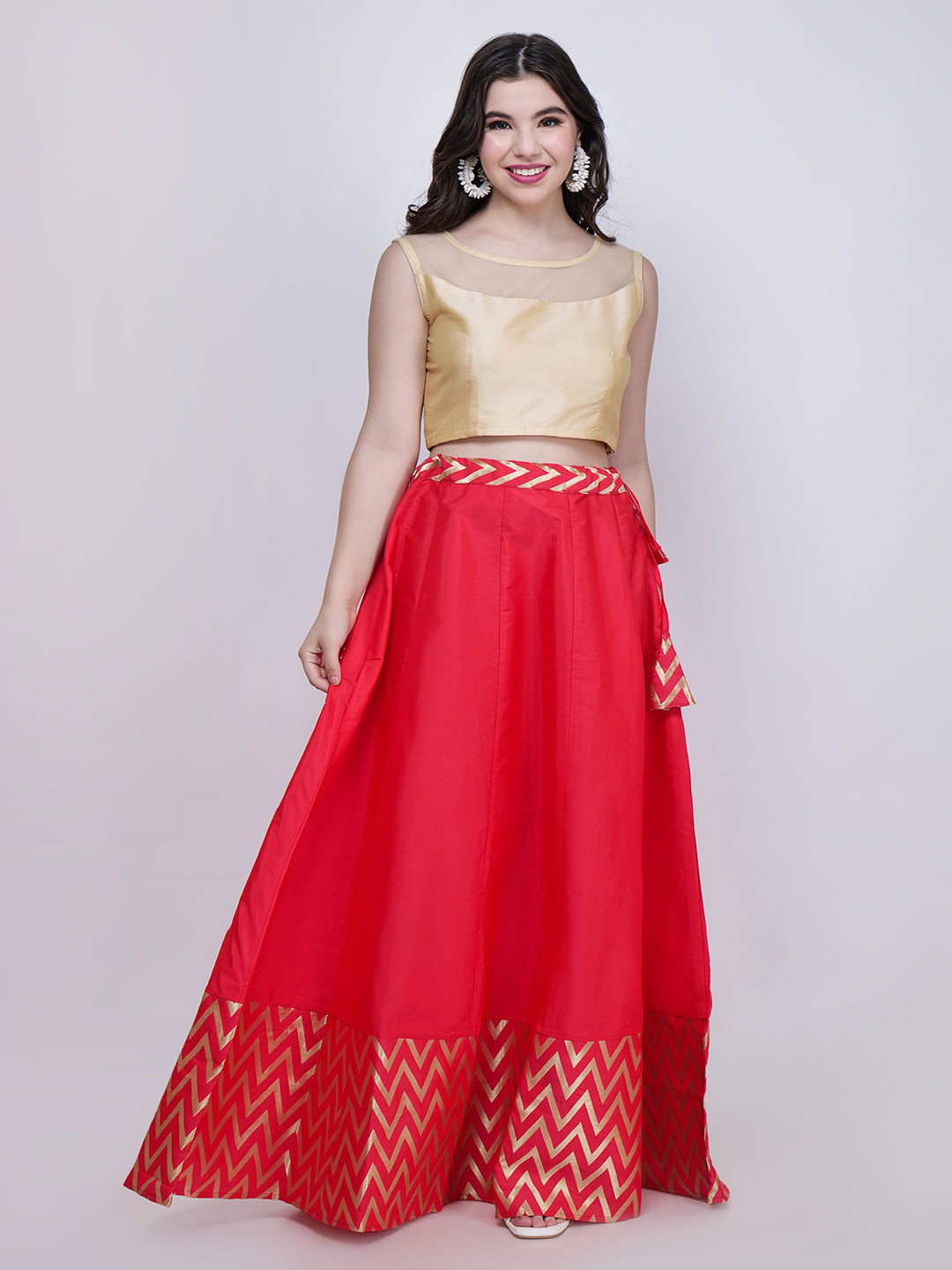 Frolic Rolic Beige Silk Blouse & Zig Zag Jacquard Border Pink Silk Skirt Set