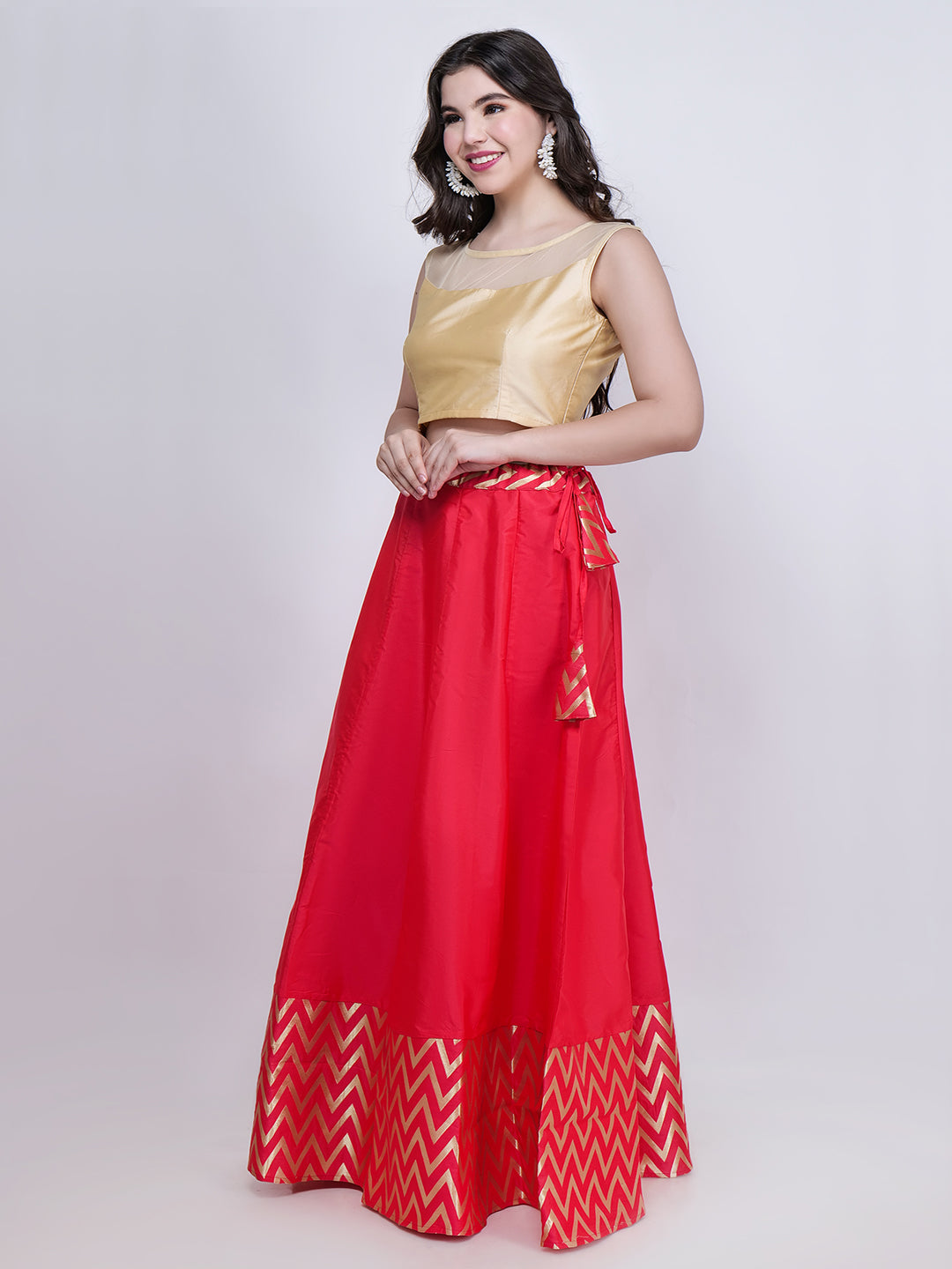 Frolic Rolic Beige Silk Blouse & Zig Zag Jacquard Border Pink Silk Skirt Set