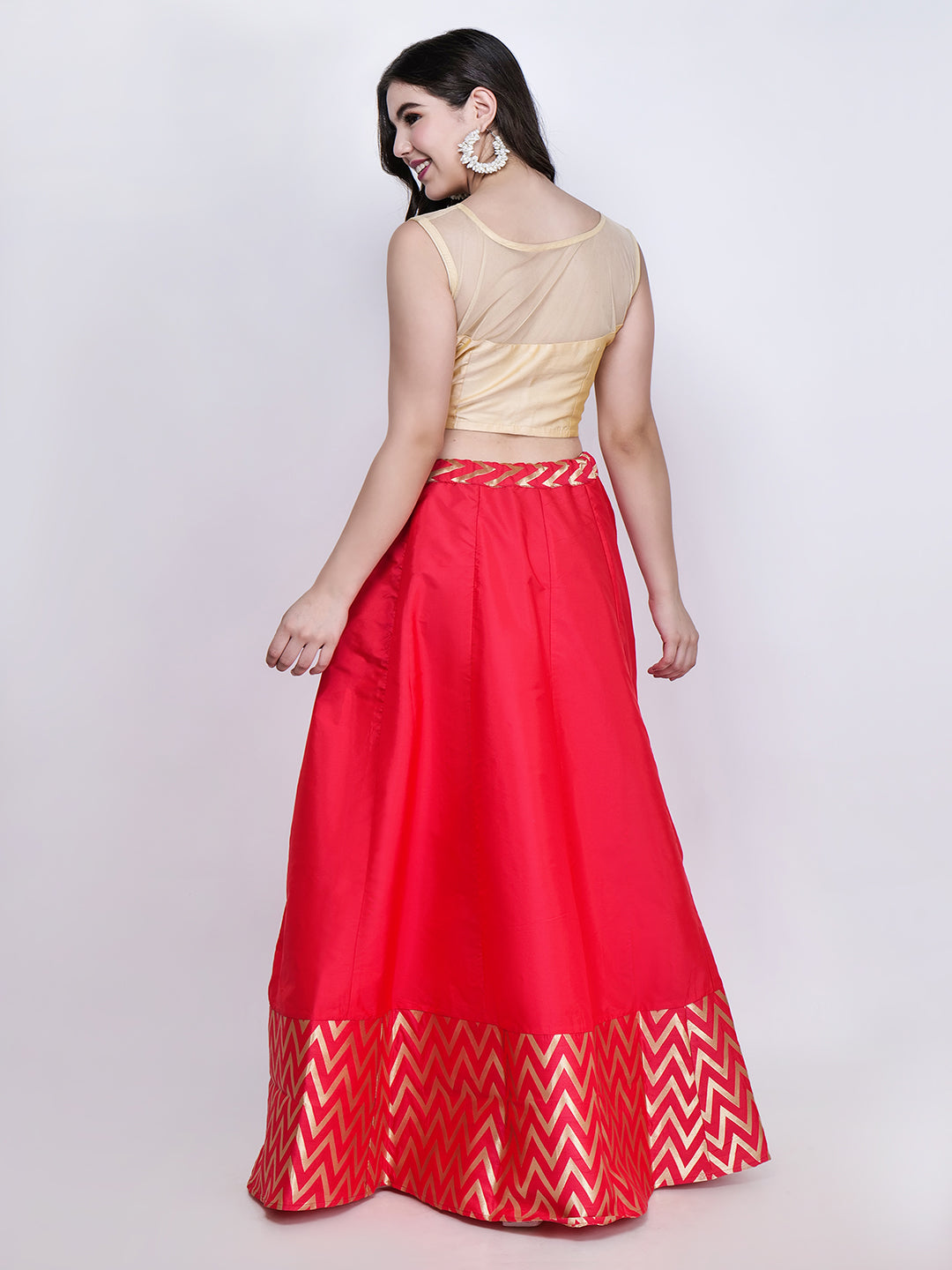 Frolic Rolic Beige Silk Blouse & Zig Zag Jacquard Border Pink Silk Skirt Set