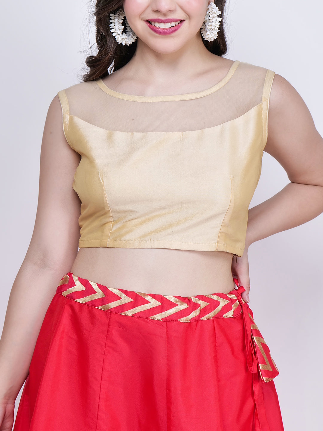 Frolic Rolic Beige Silk Blouse & Zig Zag Jacquard Border Pink Silk Skirt Set