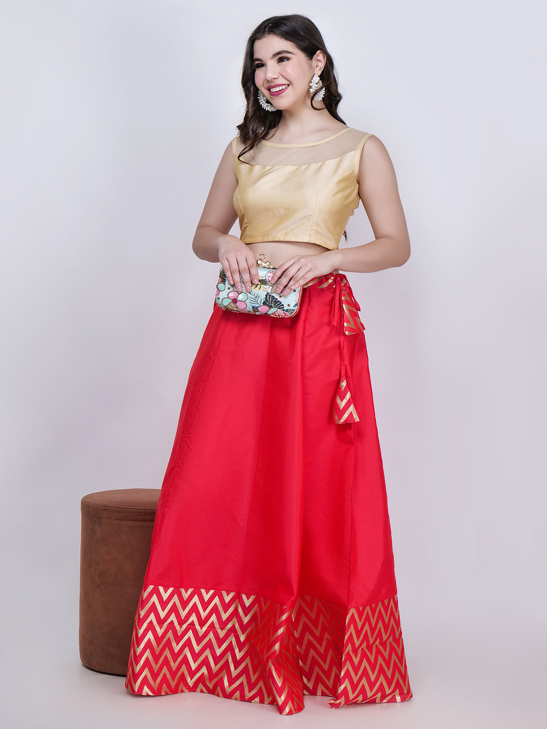 Frolic Rolic Beige Silk Blouse & Zig Zag Jacquard Border Pink Silk Skirt Set