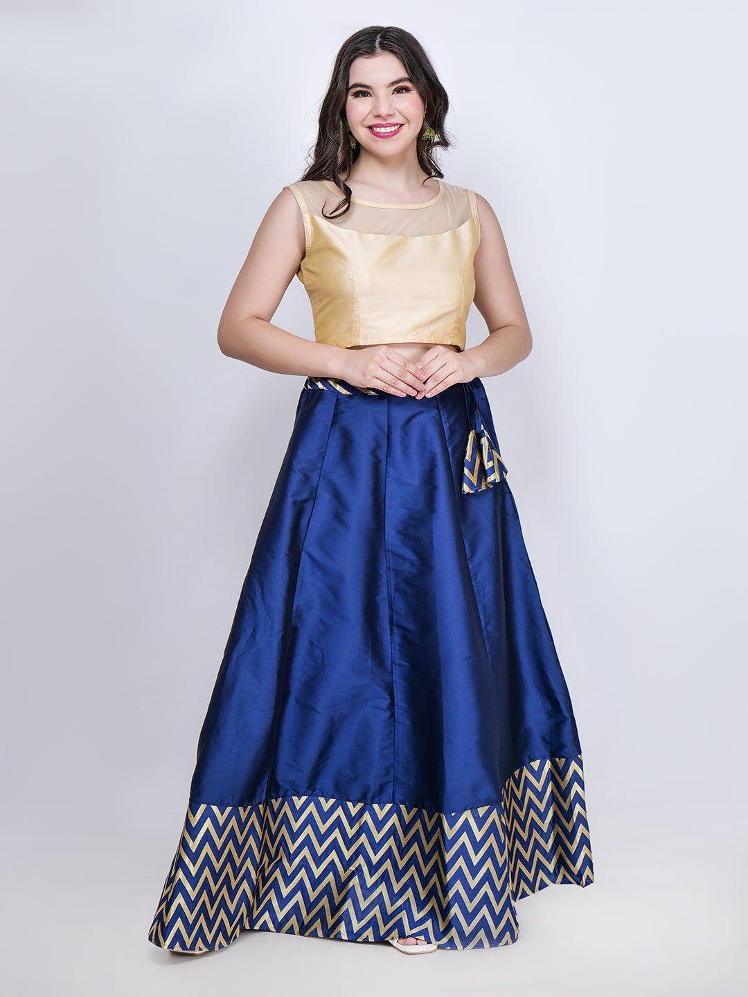 Frolic Rolic Beige Silk Blouse & Zig Zag Jacquard Border Navy Blue Silk Skirt Set