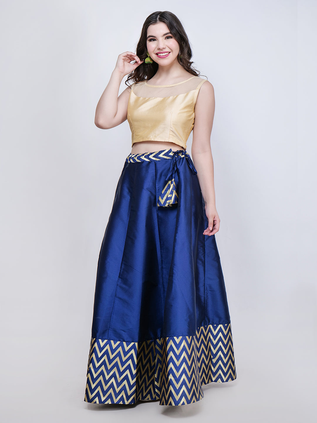 Frolic Rolic Beige Silk Blouse & Zig Zag Jacquard Border Navy Blue Silk Skirt Set