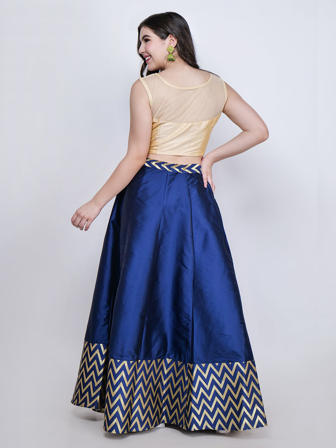 Frolic Rolic Beige Silk Blouse & Zig Zag Jacquard Border Navy Blue Silk Skirt Set