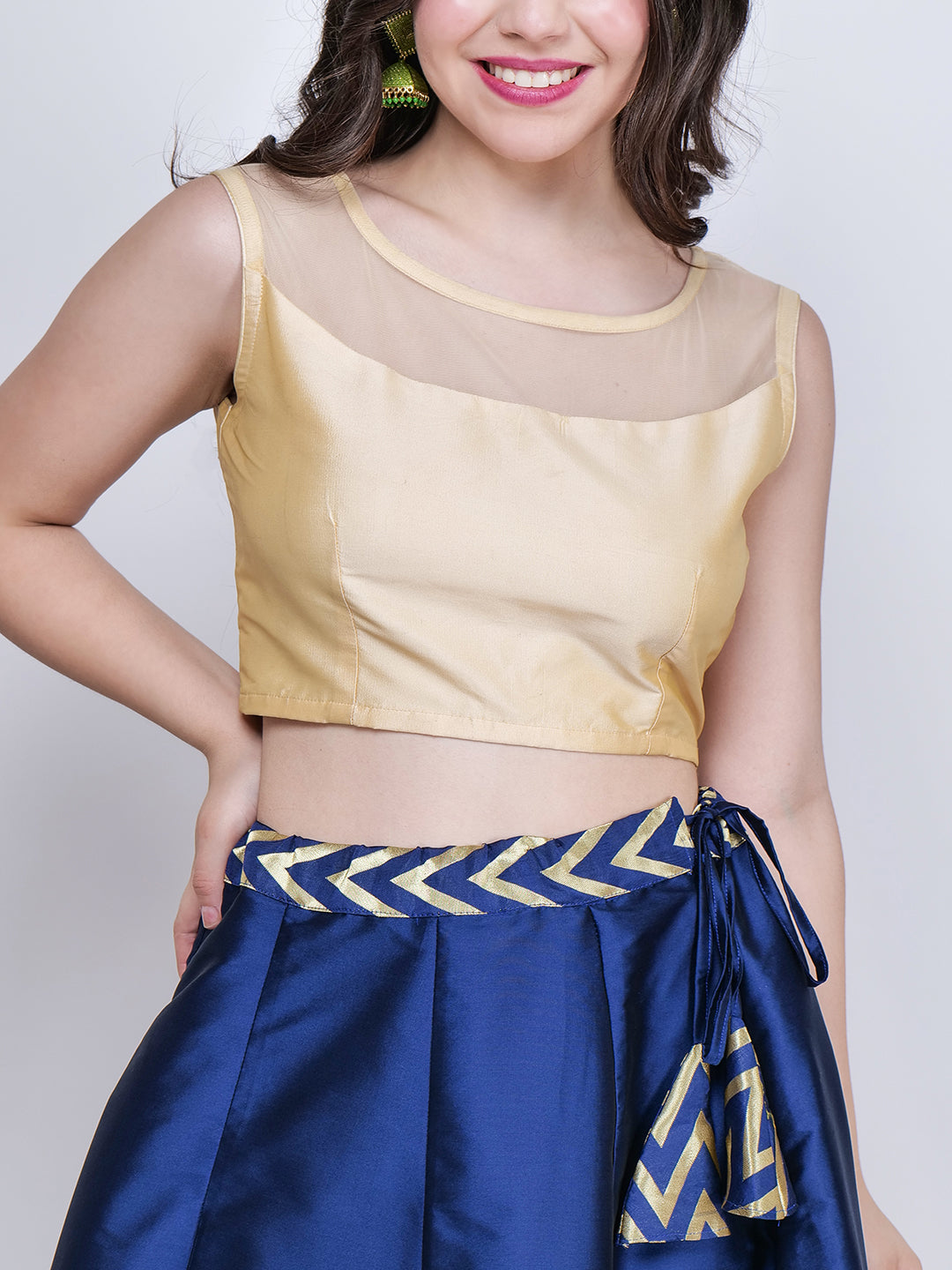 Frolic Rolic Beige Silk Blouse & Zig Zag Jacquard Border Navy Blue Silk Skirt Set