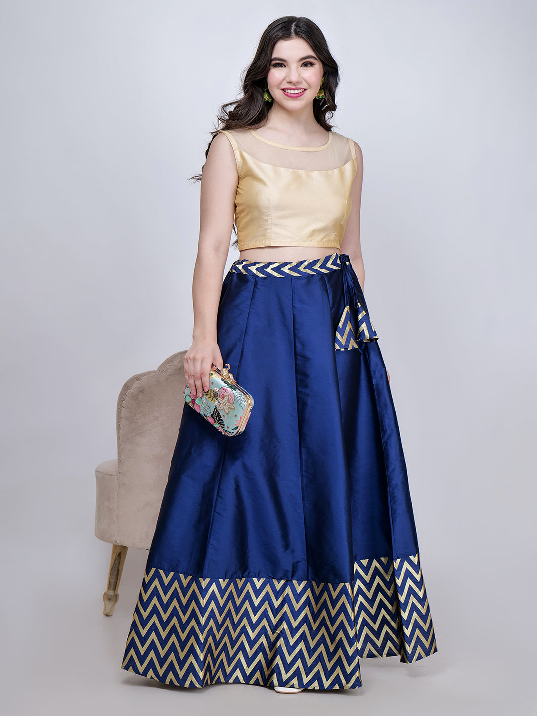 Frolic Rolic Beige Silk Blouse & Zig Zag Jacquard Border Navy Blue Silk Skirt Set