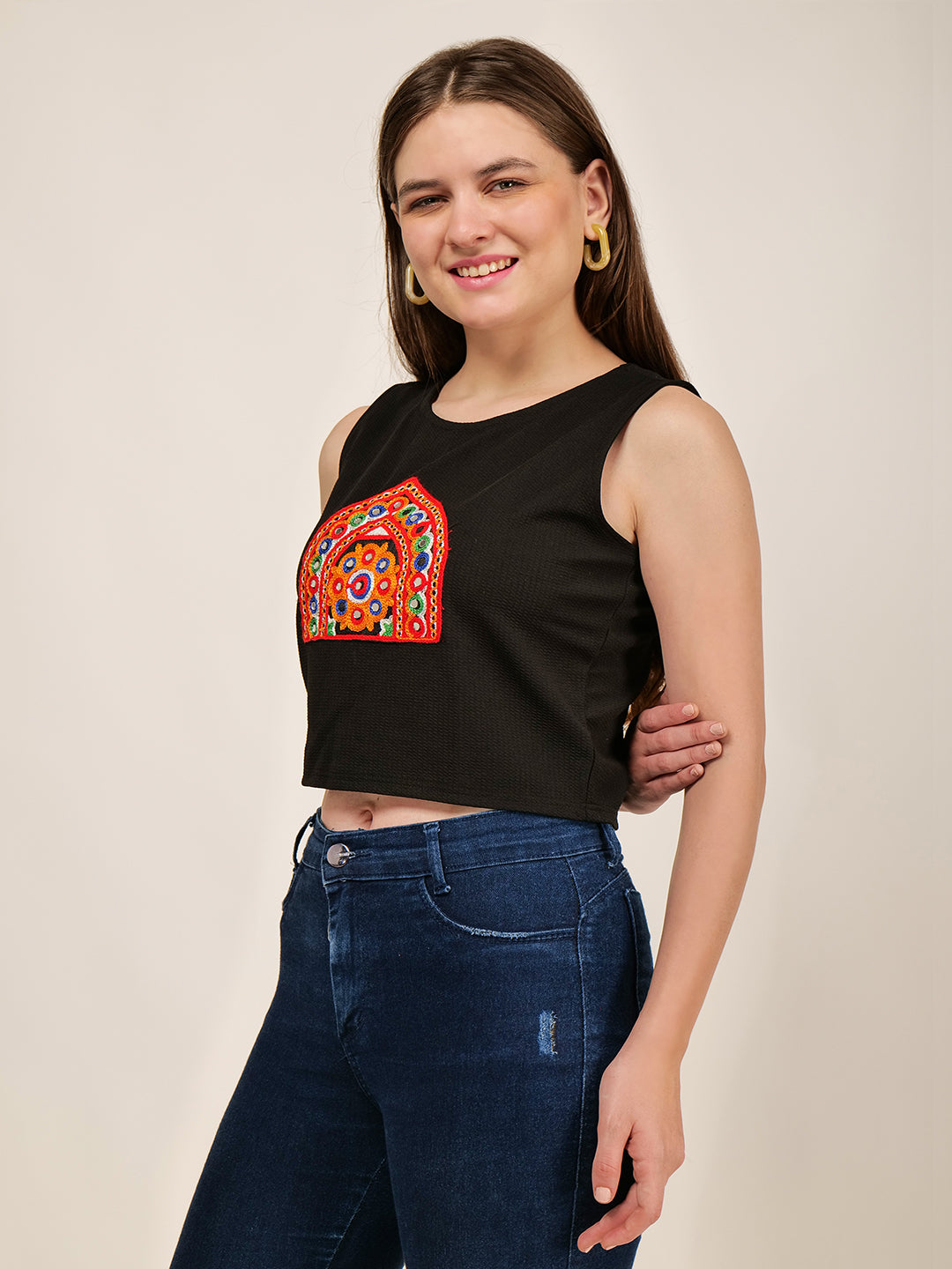 Frolic Rolic Black Embroidered Patch Work Polyester Round Neck Top