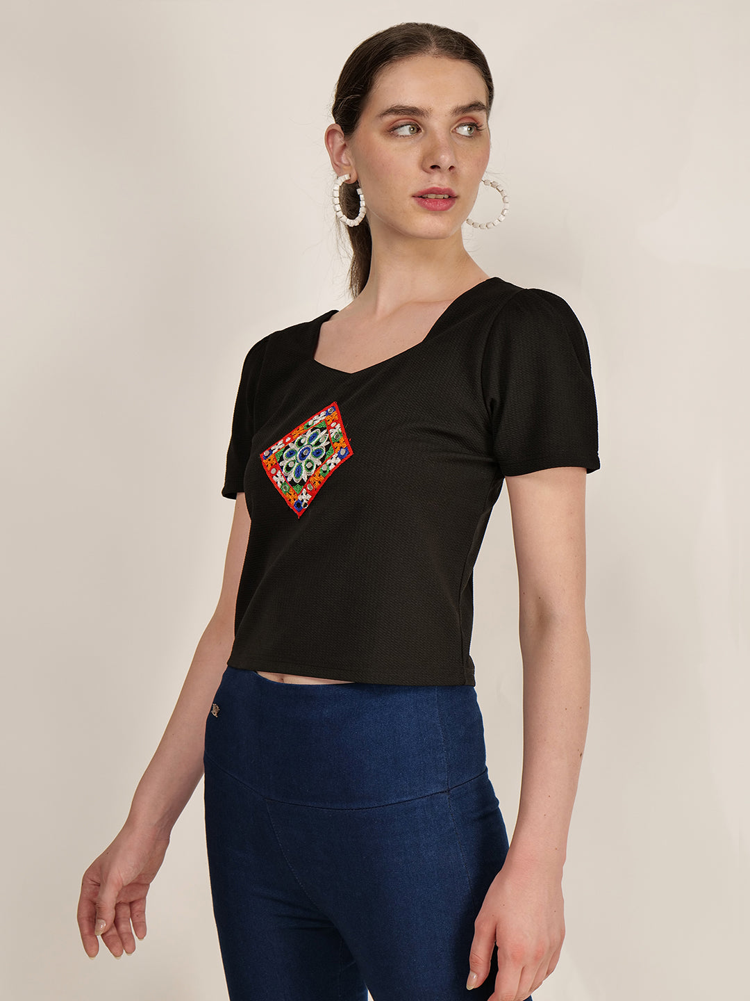 Frolic Rolic Black Embroidered Patch Work Polyester Sweetheart Neck Short Sleeves Top