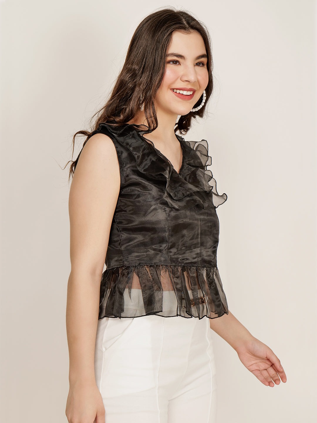 Frolic Rolic Black Organza Frill V-Neck Sleeveless Regular Top