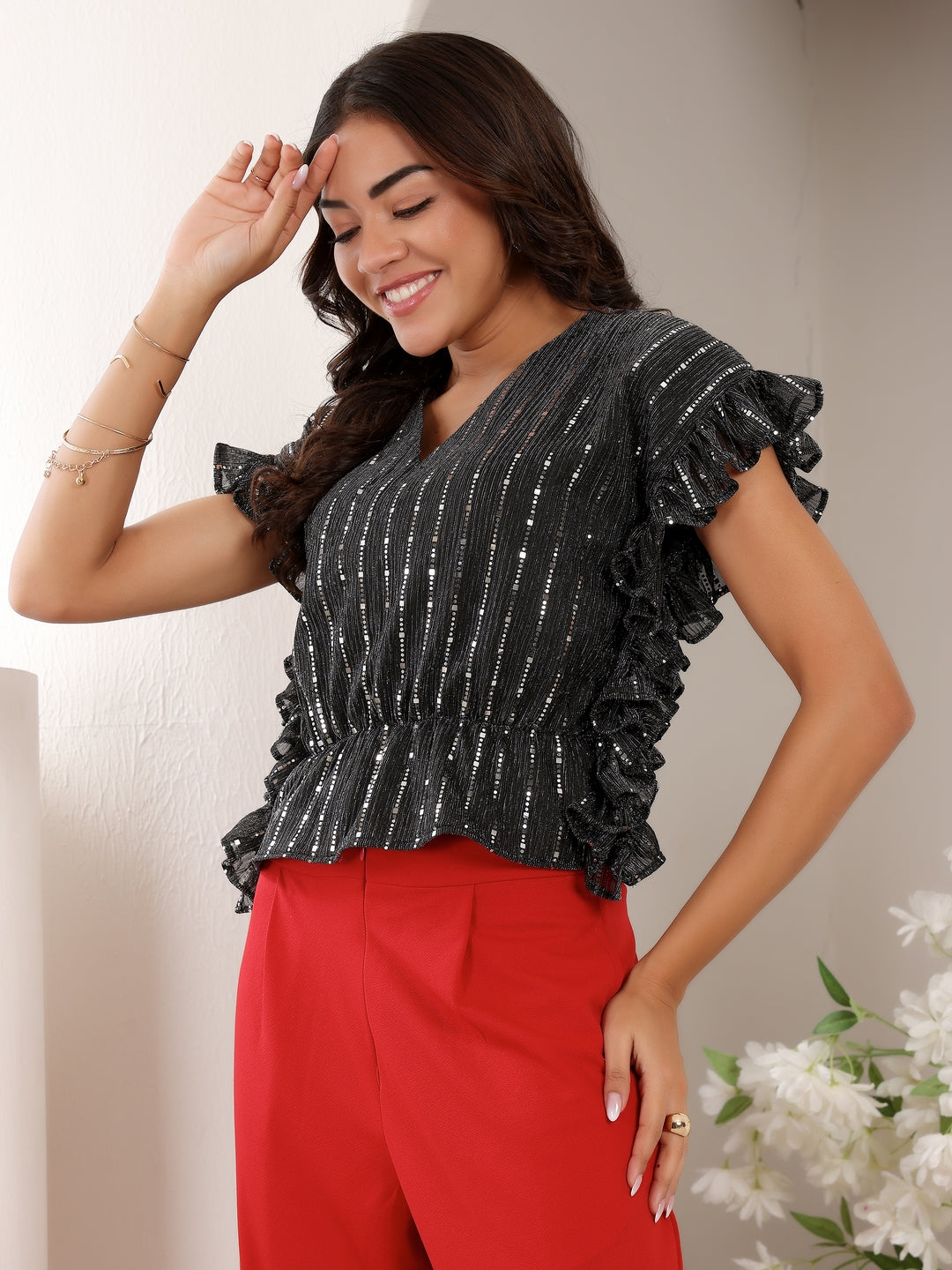 Frolic Rolic Black Net Embellished Kaftan style Party Top