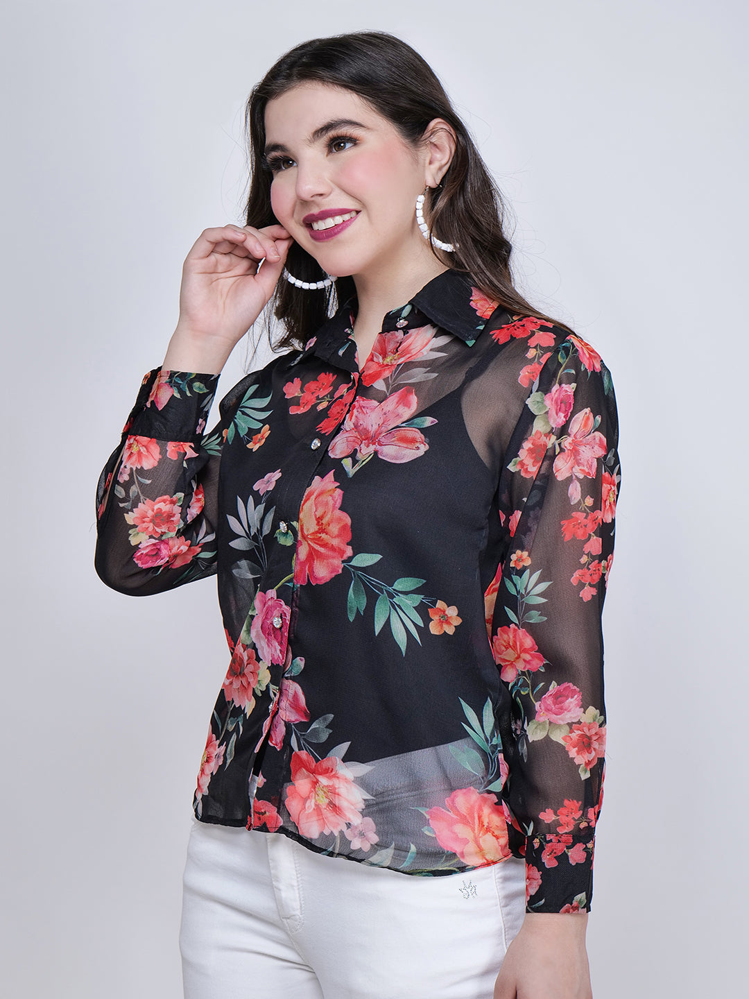 Frolic Rolic Black Georgette Floral Print Shirt With Camisole