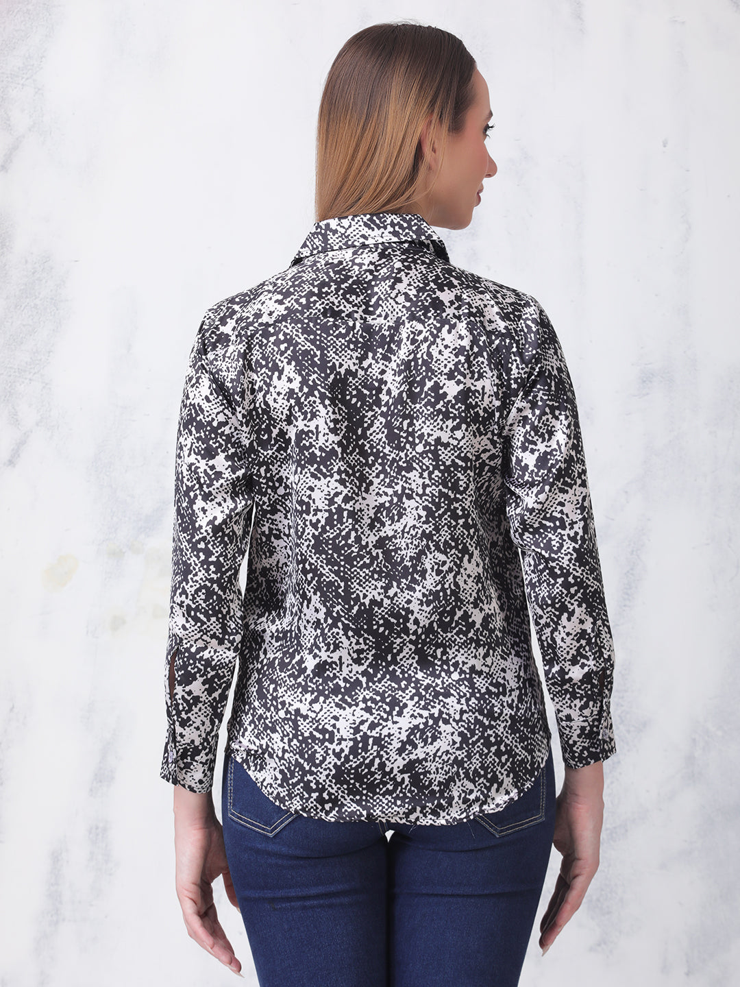 Frolic Rolic Black & White Abstract Print Satin Casual WomensShirt