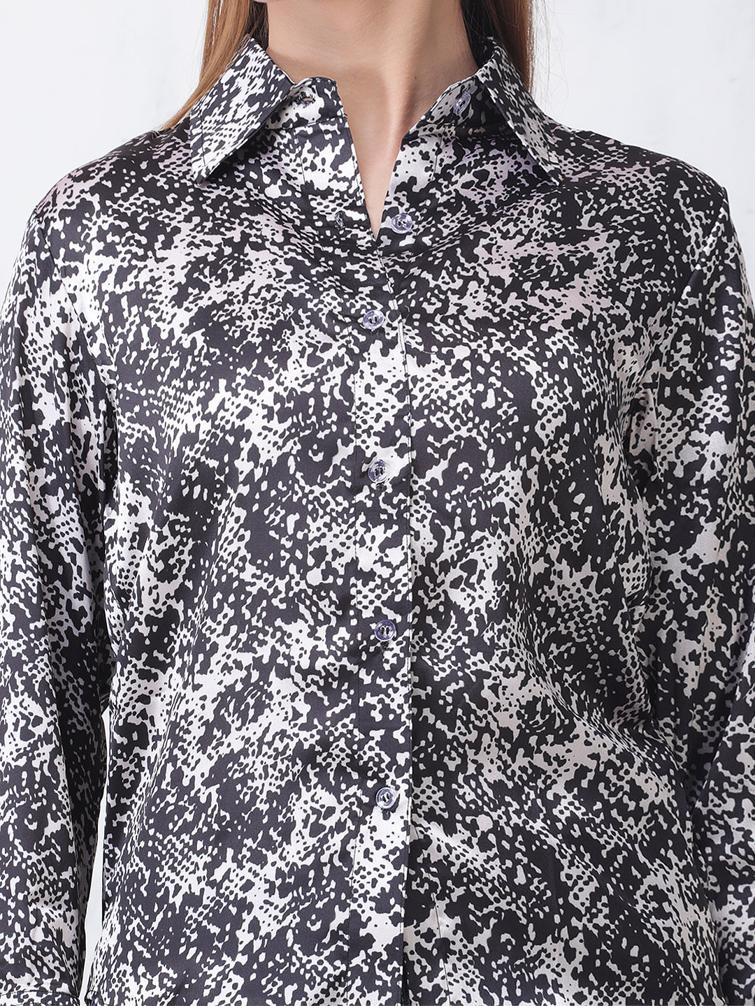 Frolic Rolic Black & White Abstract Print Satin Casual WomensShirt