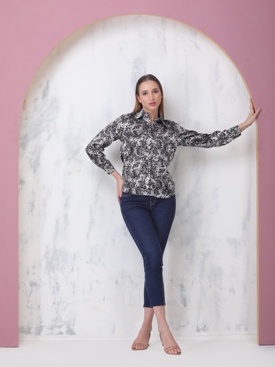 Frolic Rolic Black & White Abstract Print Satin Casual WomensShirt