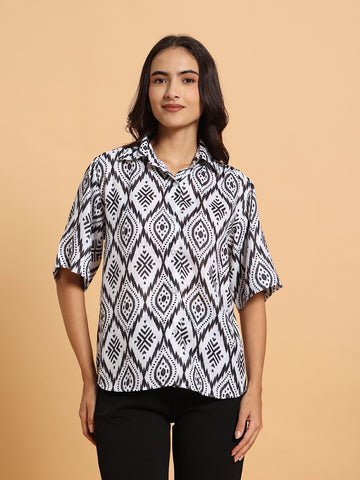 Frolic Rolic Black & White Geometric Print Cotton Blend Casual Shirt